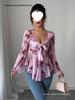 European Floral Gradient Tie-Up Square Neck Long Sleeve Shirt