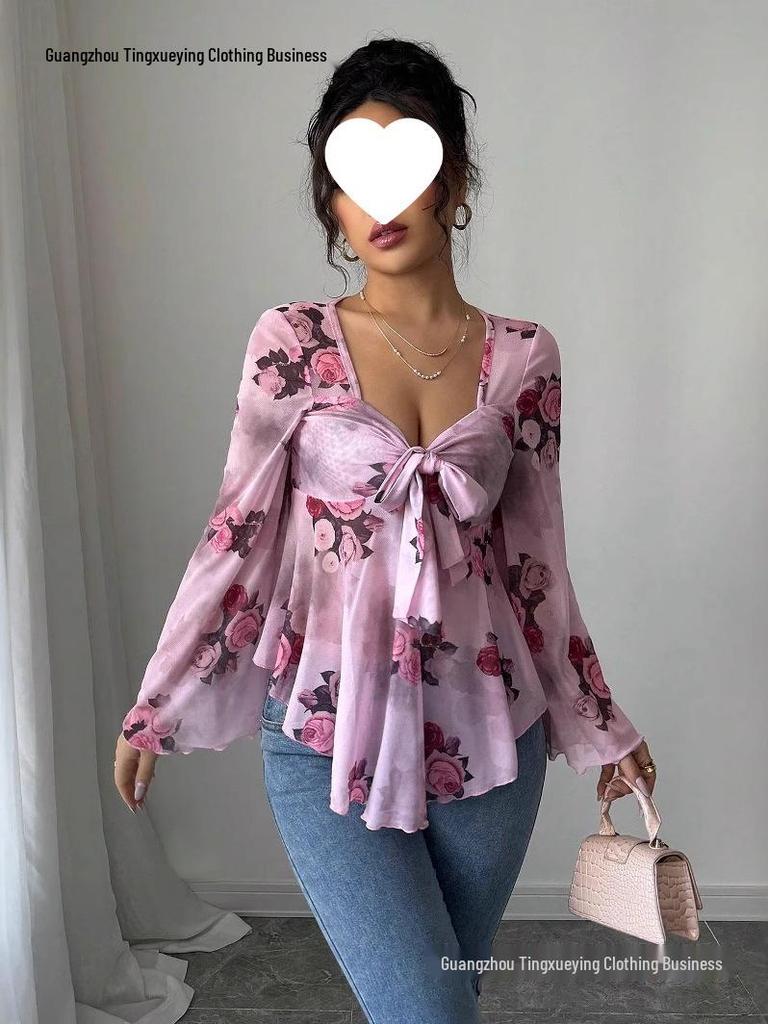 European Floral Gradient Tie-Up Square Neck Long Sleeve Shirt