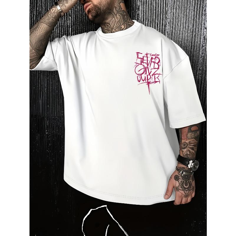 Men's Streetwear T-Shirt with Graffiti Letter Print - Loose Drop Shoulder Fit, Crew Neck Short Sleeve Casual Shirt, Machine Washable Urban Fashion Top