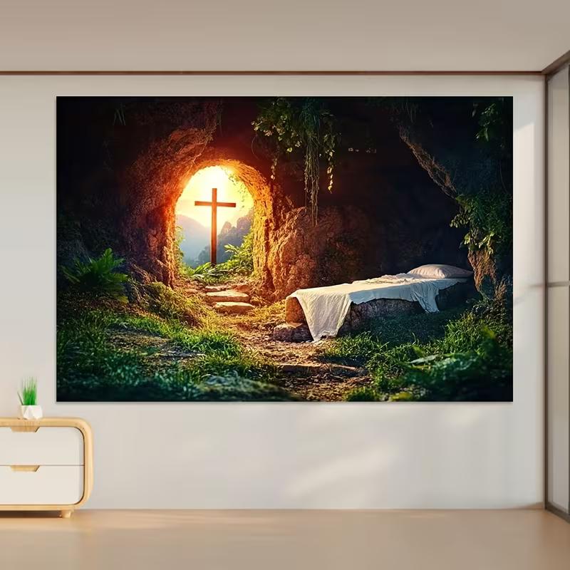 2D Christian Resurrection Backdrop, Empty Tomb with Cross Photography Background