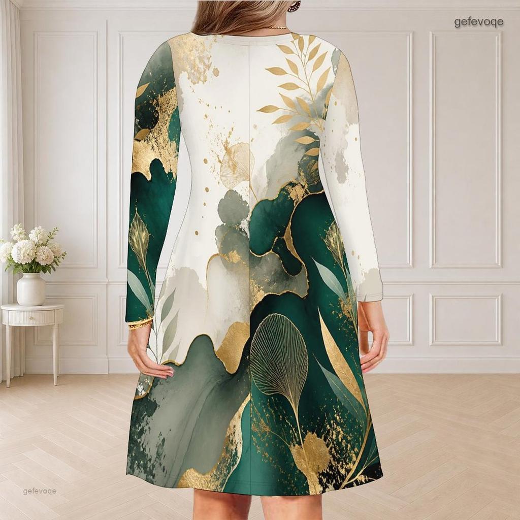 Women Plus Size V Neck Long Sleeve Blue Gold Marble Printed Curved Hem Dress