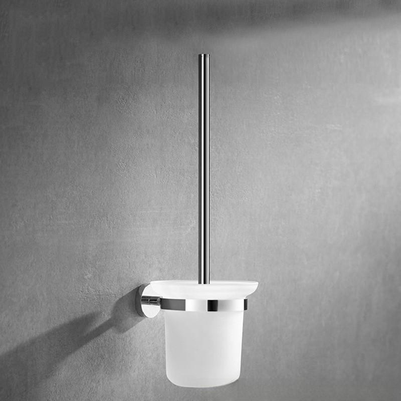 Chrome Wall Round Mounted Toilet Brush And Frosted Glass Holder For Bathroom Use