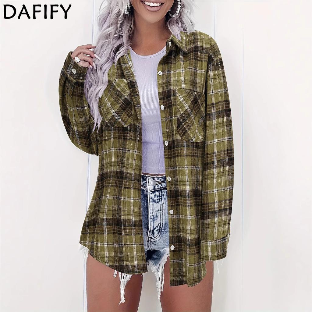DAFIFY Women's Fashion Casual Spring Autumn Plaid Print Long Sleeve POLO Neck Blouses & Shirts
