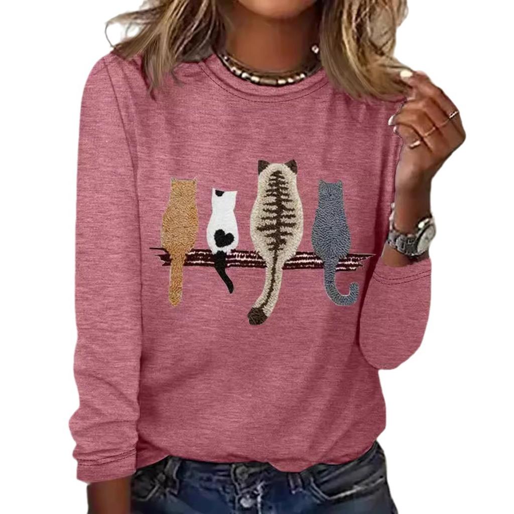 Rundhals 3D-bedrucktes Katzenmuster Top Modische Lässige Langarm Damen T-Shirts