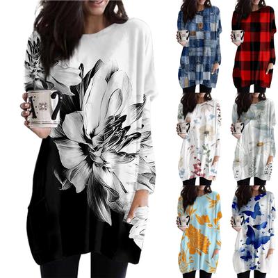 Bedrucktes Sweatshirt mit O-Ausschnitt für Damen, langärmelig, bedrucktes Hemdkleid, übergroße, locker sitzende Pullover-Oberteile mit Taschen