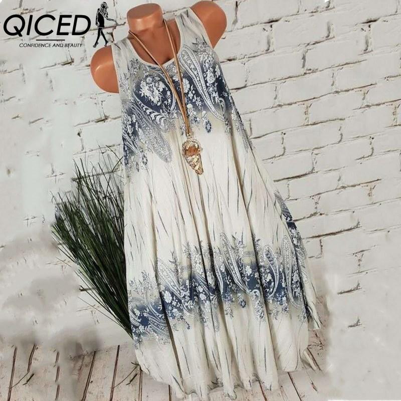 

QICED Женское летнее платье без рукавов с цветочным принтом и круглым вырезом XXXXXL бежевый