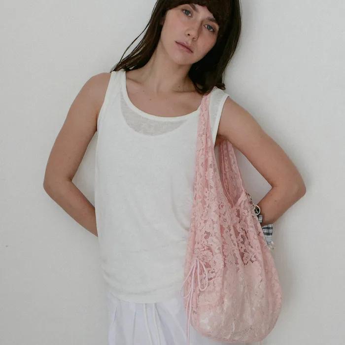Floral Lace Shirring Shoulder Bag_Pink