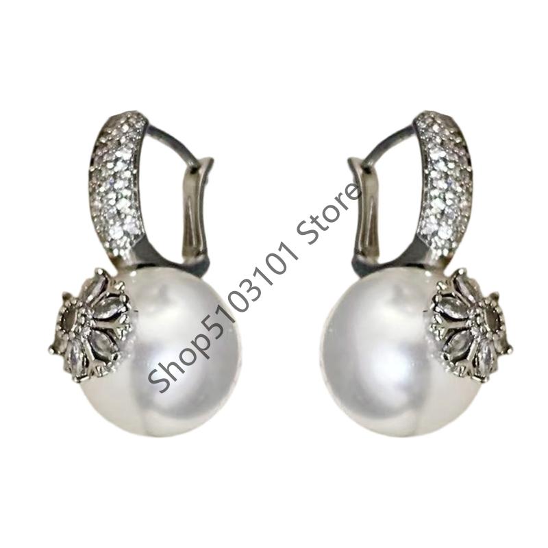 retro Zircon Flower Pearl Earrings for Women Fine Jewelry Minimalist Accessories