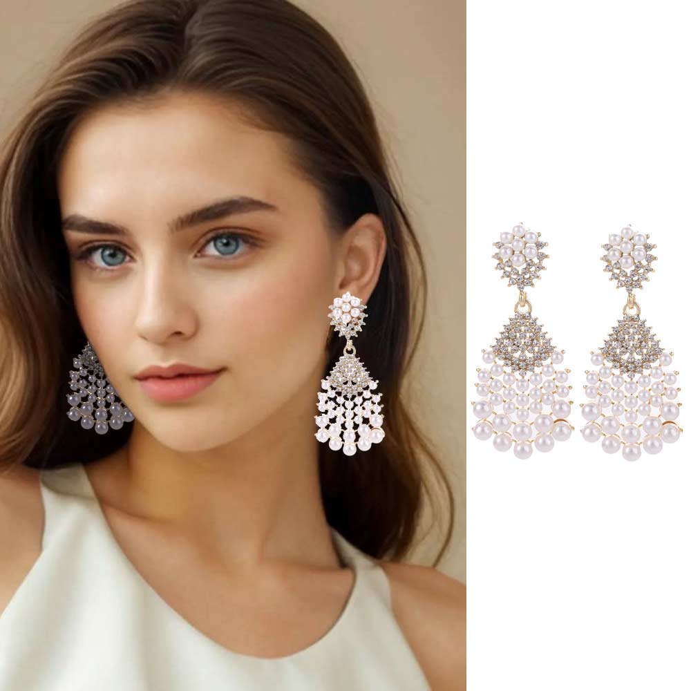 Shining  Earrings Luxury Crystal Jewelry Wedding Party Pearl Rhinestone Earrings  Women