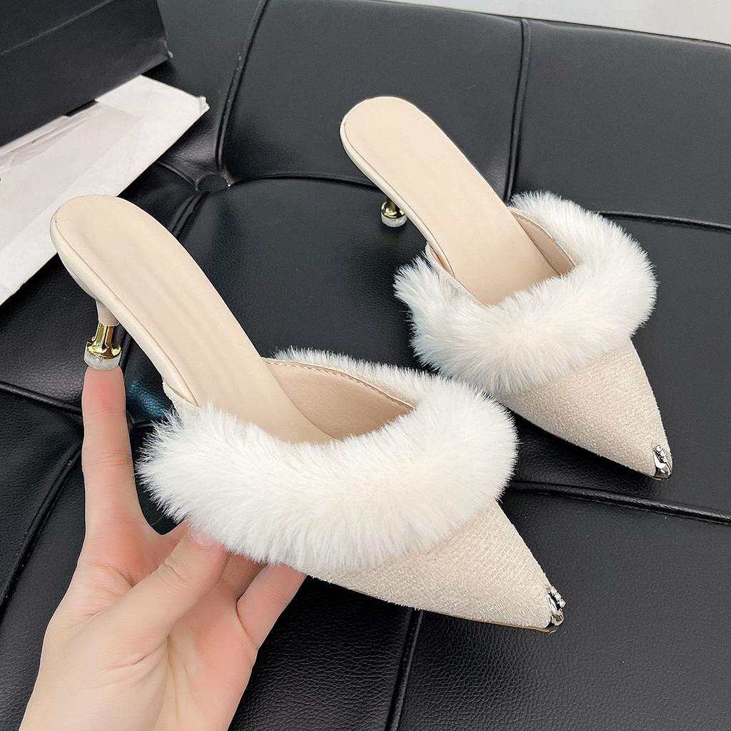 Winter New Women's Fashion High Heel Stiletto Internet Celebrity Hairy Half Slippers 2025 Trend Beautiful Color Bag Head Slippers Tide