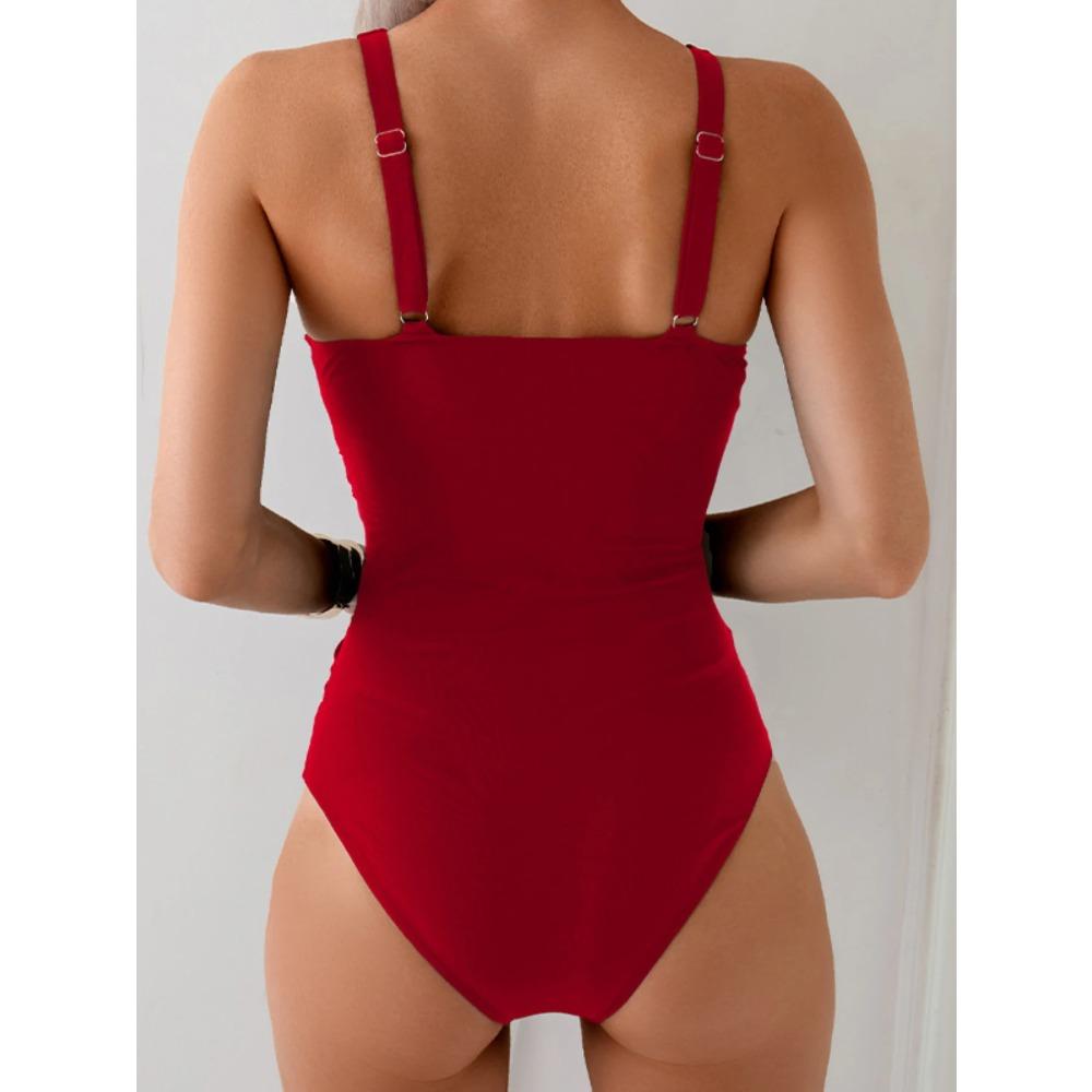 Einteiliger Badeanzug Damen Einfarbig Plissee Slim V-Ausschnitt Bikini Sexy Überkreuzbandage Schöner Rücken Monokini Bademode 2025 Neu