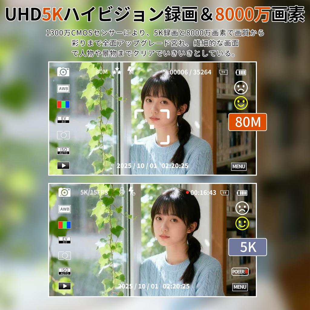 Fesaymi 5K Digital Camera with Wi-Fi Transfer, 80MP Dual Screen, 18x Digital Zoom, Autofocus, and Webcam for Selfies, Compact Design for Kids and