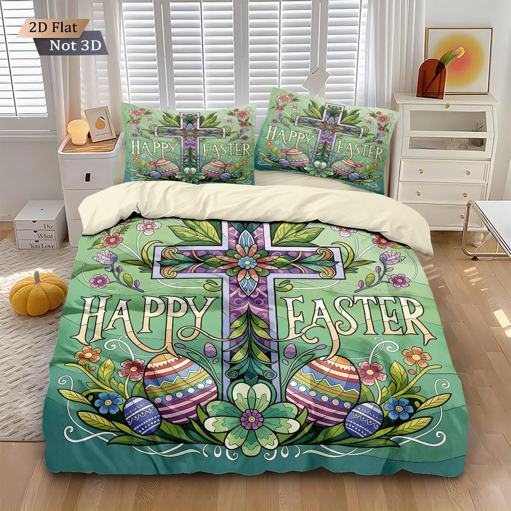 3pcs Easter Happy Cross Green Printed Core free Down Duvet Cover Set Comfortable Bedroom Bedding Decoration Machine Washable