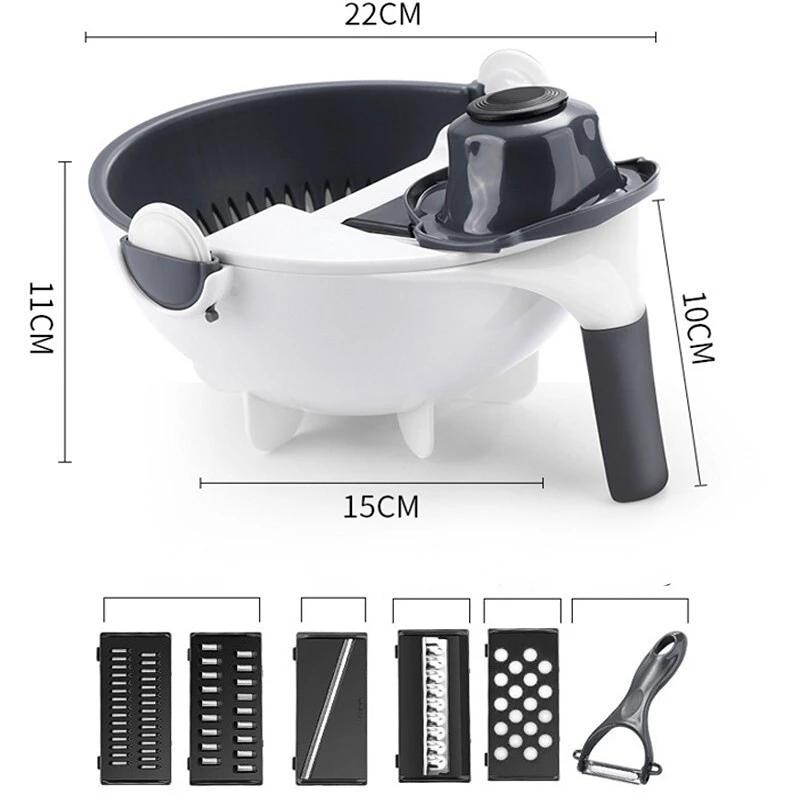 9 in 1 Multifunktionaler Magischer Rotierender Gemüseschneider mit 2L Abtropfkorb Gemüse- Obst- Zerkleinerer Reibe Hobel Knoblauchpresse