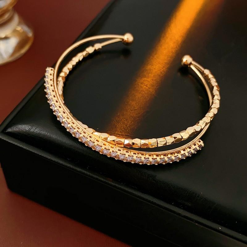 Elegant Gold-Tone Geometric Open Cuff Bracelet With Zirconia Stones Women Luxury Chic Style 2025