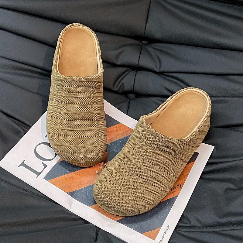 2025 new summer woven hollow baotou half slippers women's breathable seaside beach going out shoes