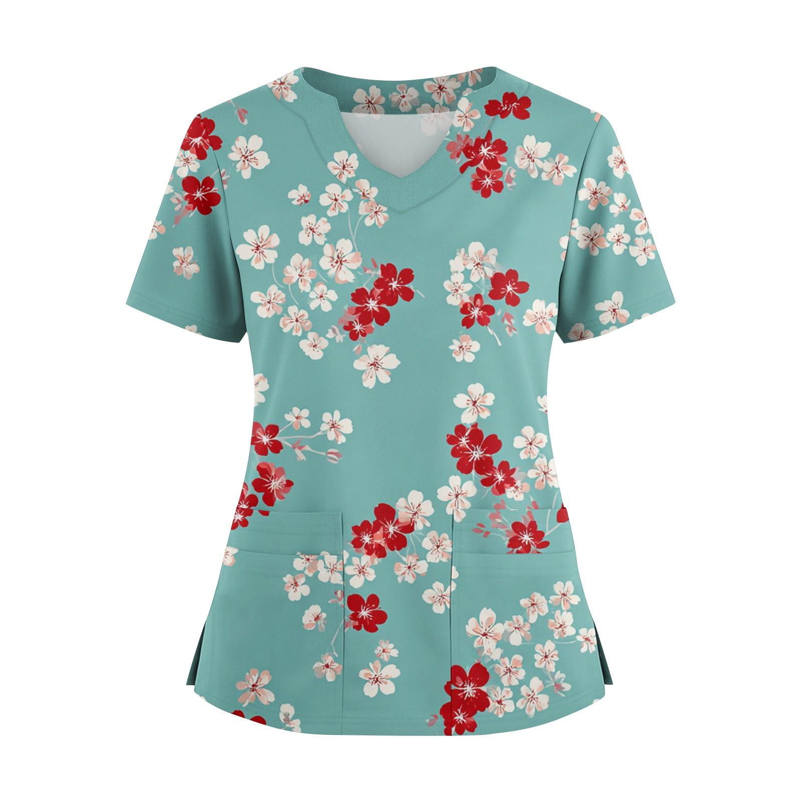 

Women s Printed Floral V-neck Loose Short Sleeved Shirt S