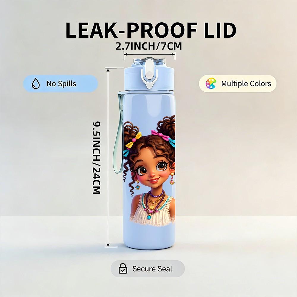 1PC Cute Little Girl Braided Hair Portrait Print 750ml Color Plastic Sports Water Bottle Leakproof Flip Straw Lid Suitable for Sports Office Home Use