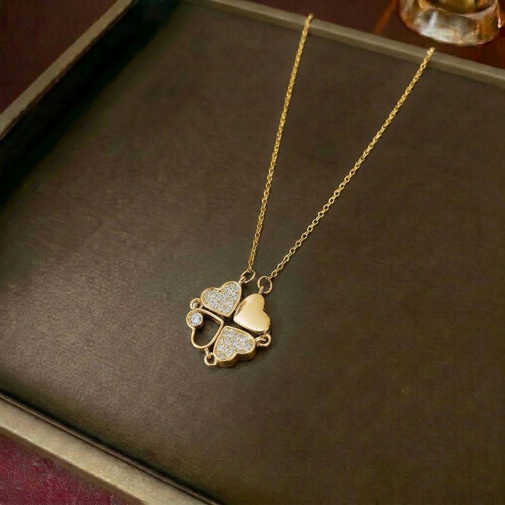 Women's Heart-Shaped Necklace with Four-Petal Flower, Cubic Zirconia, Titanium Steel Clavicle Chain - Elegant and Versatile Accessory