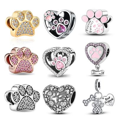 S925 Silver Heart Cat Paw Charms Beads for Women DIY Bracelets Fine Jewelry Birthday Gifts