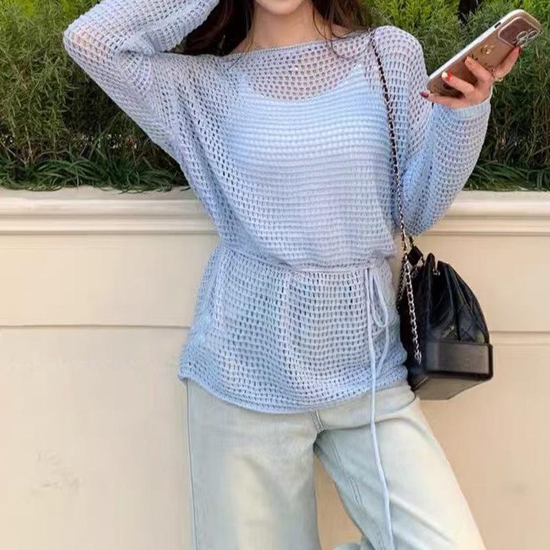 One-word Shoulder Hollow Long-sleeved Knitted Sweater Women's Early Spring Loose Outer Cover Sunscreen Blouse Slanted Shoulder Top Hollow Sunscreen