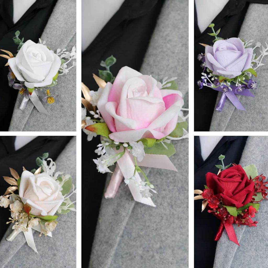 6pcs White Pink Corsage and Boutonniere Set Artificial Rose Wristlet Suit Flower for Men Wedding Party Prom Decoration