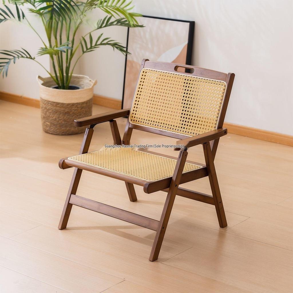 Vintage Style Portable Foldable Rattan Chair with Backrest for Home, Balcony, and Outdoor Leisure