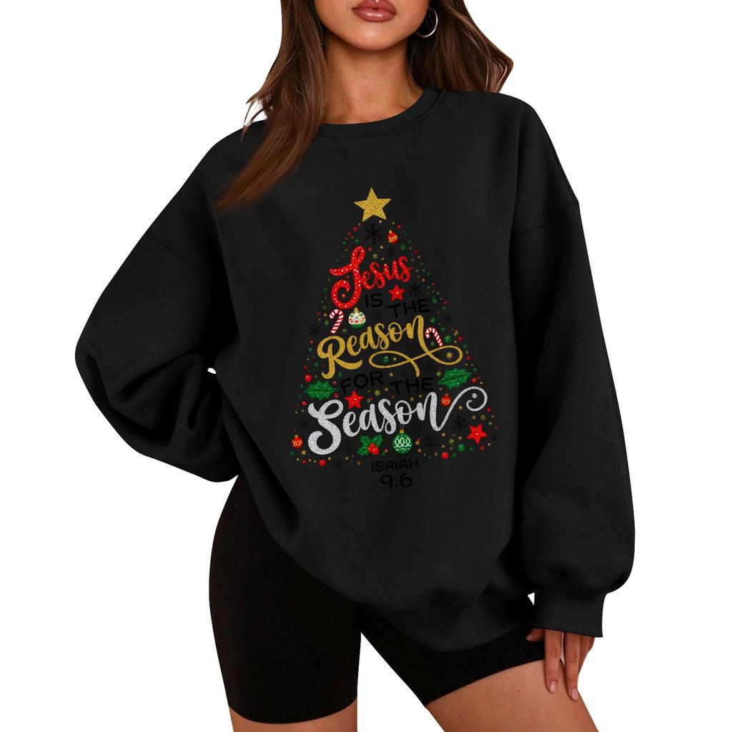 Women's Casual Long Sleeve Crewneck Christmas Graphic Sweatshirt Loose Fit Holiday Pullover