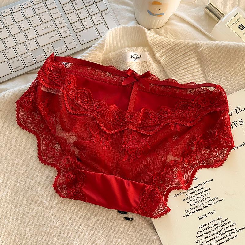 French Lace Satin Low-Waist Sexy Panties for Women with Cotton Crotch, Breathable and Stylish Design