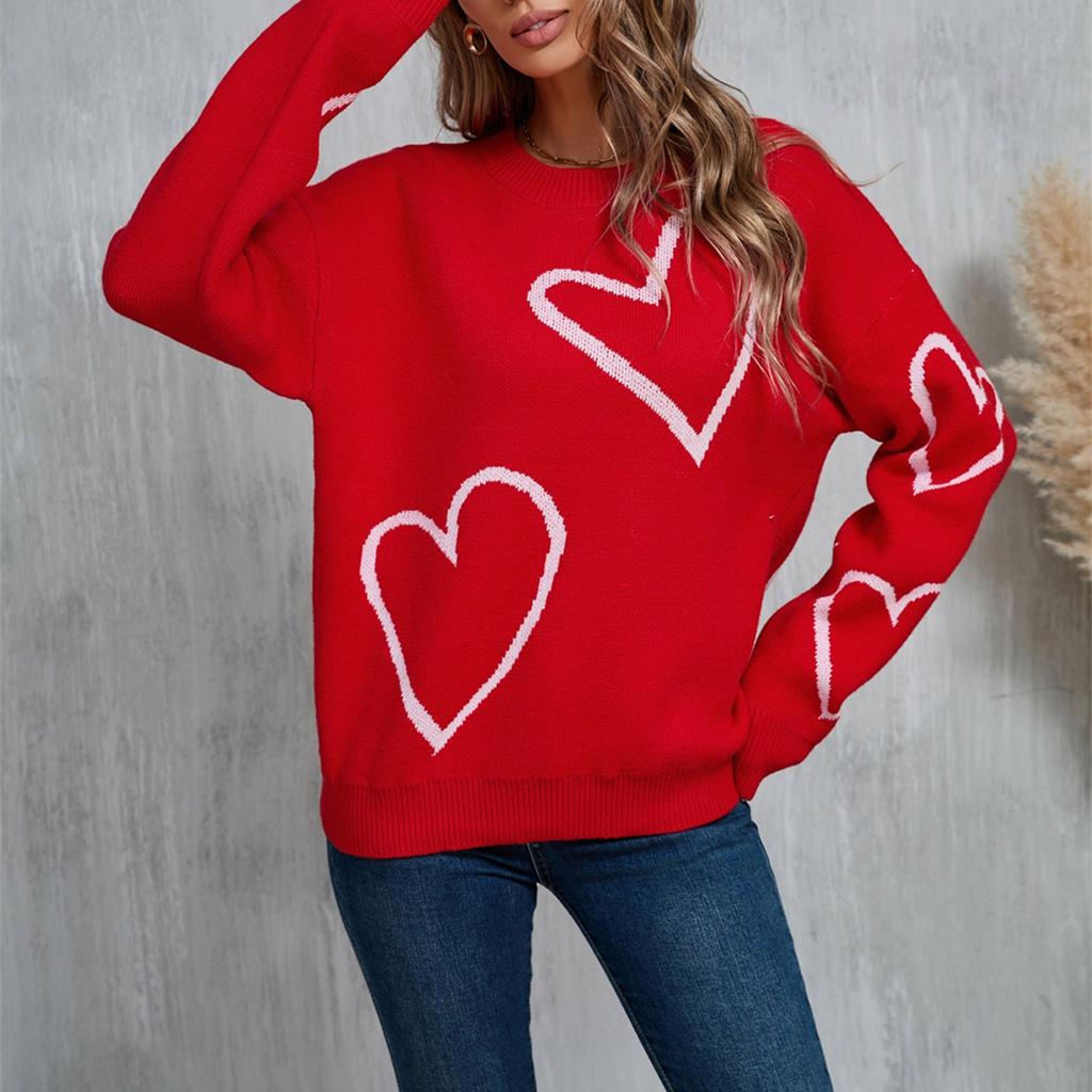 Women's Casual Fashion Round Neck Heart Sweater Knitted Bottoming Shirt