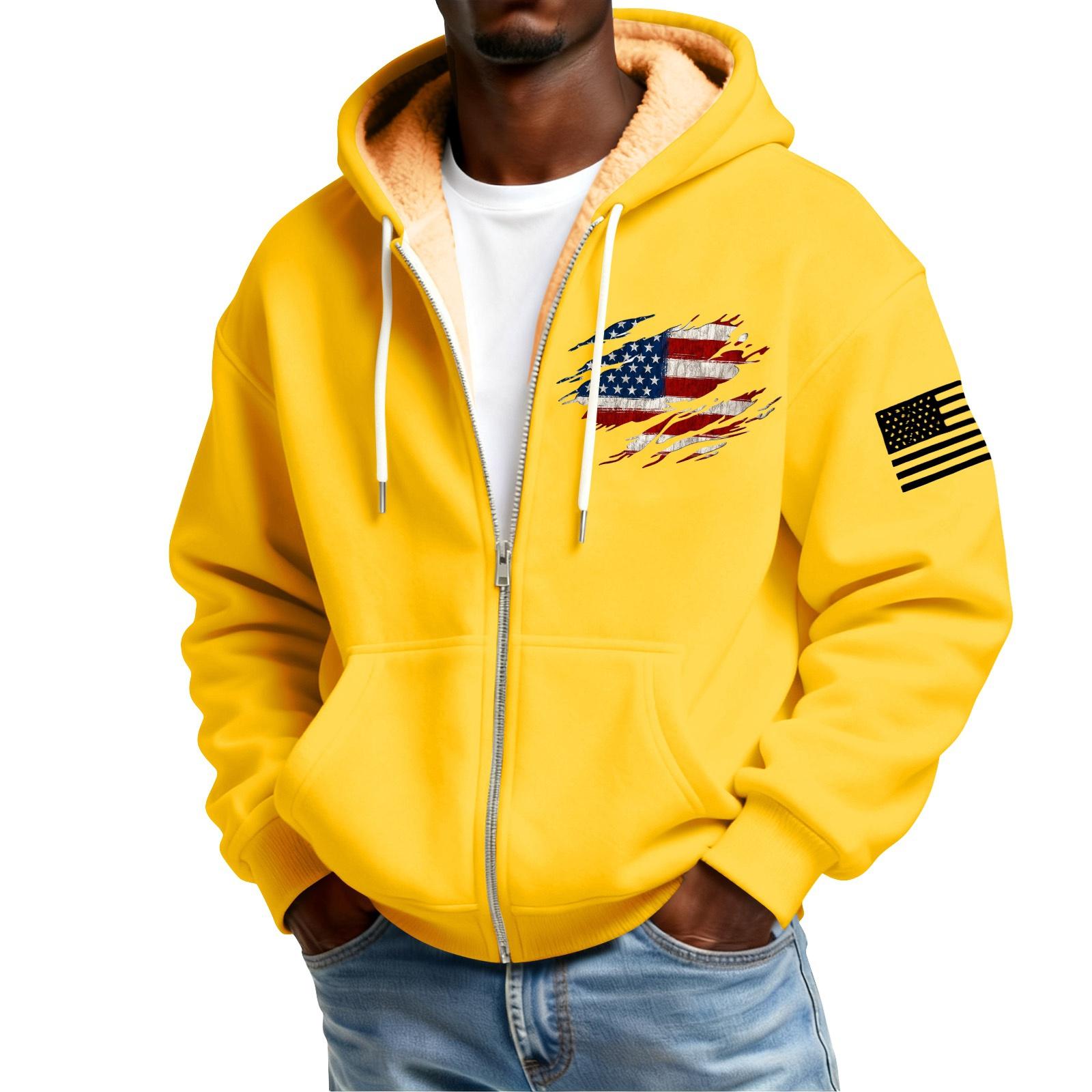 

Мужской флисовый кардиган с капюшоном на молнии и карманами с принтом флага, мужской повседневный кардиган XL жёлтый