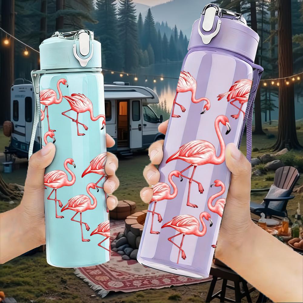 1 Stück Flamingo-Gruppe Herzform 750ml Farbe Kunststoff Sport-Wasserflasche Auslaufsicher Klappdeckel mit Strohhalm Geeignet für Sport, Büro, Heimgebrauch