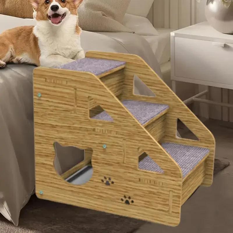 Dog Stairs & Steps 3-Level Wood Pet Stairs & Ramp For Medium/Small Dogs Old Cats Dog/Cat Ladder Wood Non-Slip For Beds And Cars