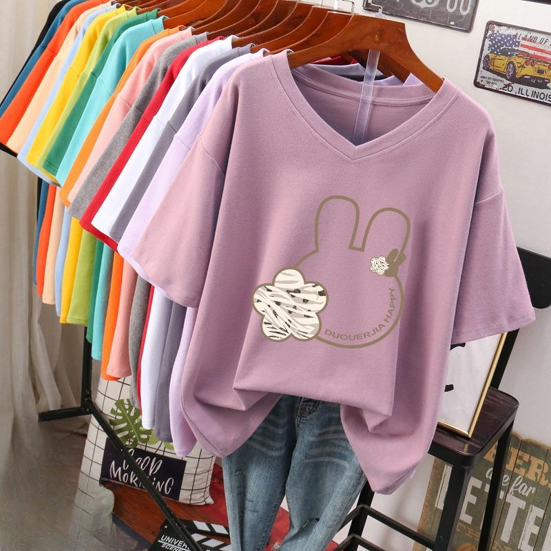 Kurzärmeliges T-Shirt, Locker sitzend, Schlankmachendes bedrucktes V-Ausschnitt-Top für Damen