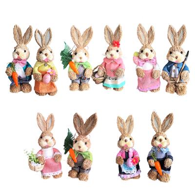2 adet Mini Hasır Tavşan 25cm Sevimli Paskalya Tavşanı Çifti Ev Masa Bahar Dekorasyonu için Figürinler