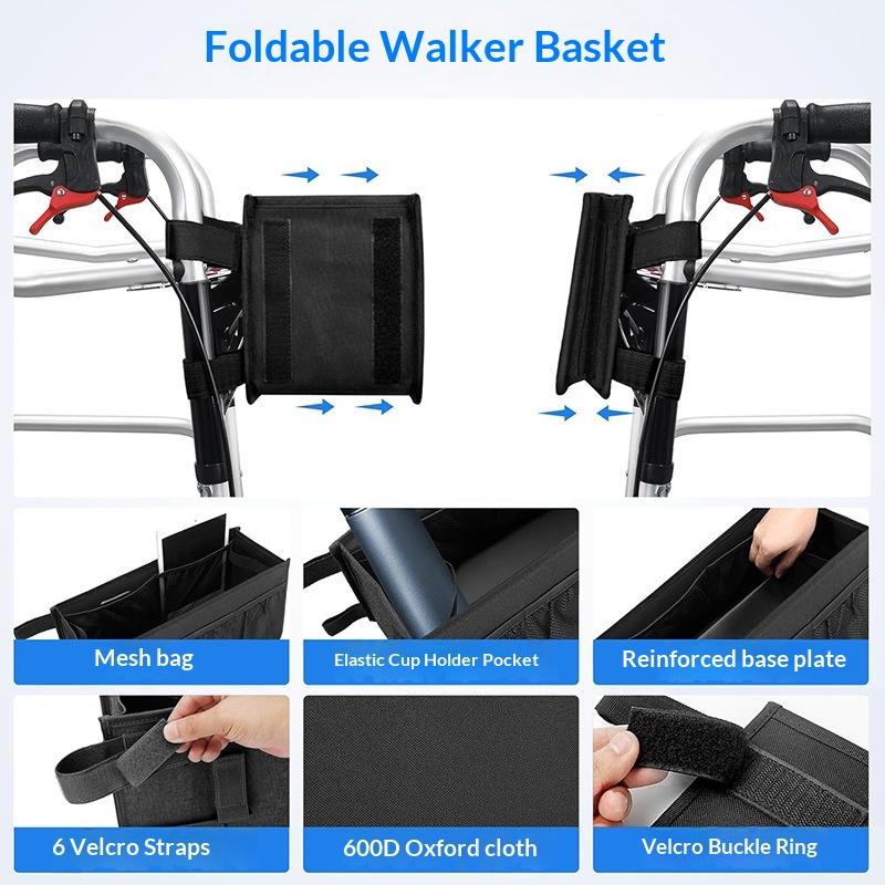 Mobility Walker Tote Bag with Large Storage Folding Design Cup Holder Organizer for Elderly Assistance