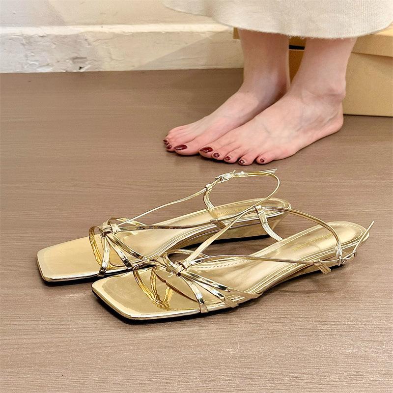 French temperament square head word with wedge heel sandals women's summer 2025 new retro leopard print cross with platform sandals
