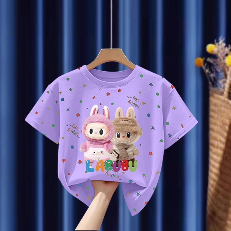 

Кавайная мультяшная футболка с принтом Labubu для детей и взрослых, летняя женская и мужская повседневная уличная футболка с коротким рукавом, топ-пуловер 140