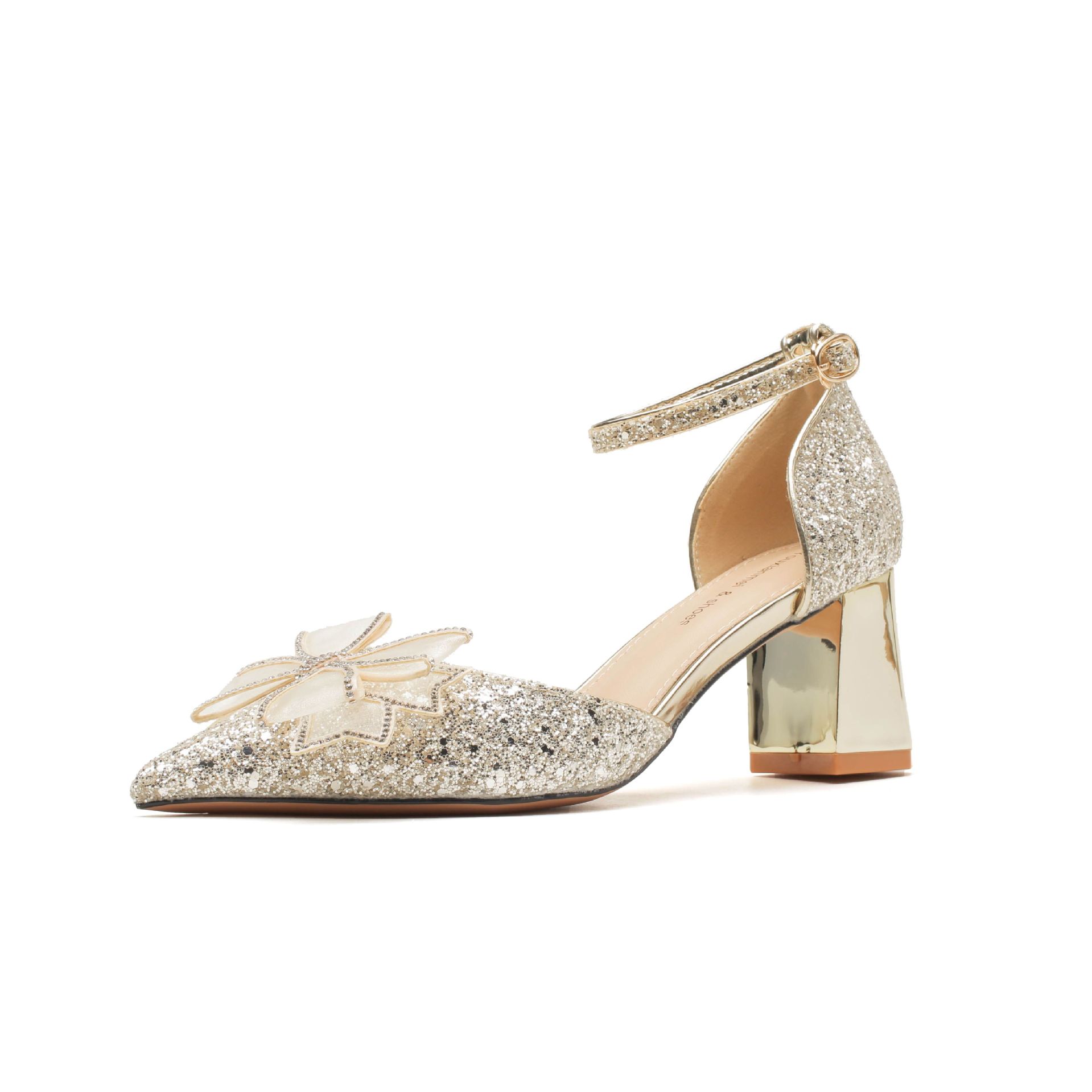 

Бант с блестками приветственный толстый каблук модные свадебные туфли платье универсальные высокие каблуки 40