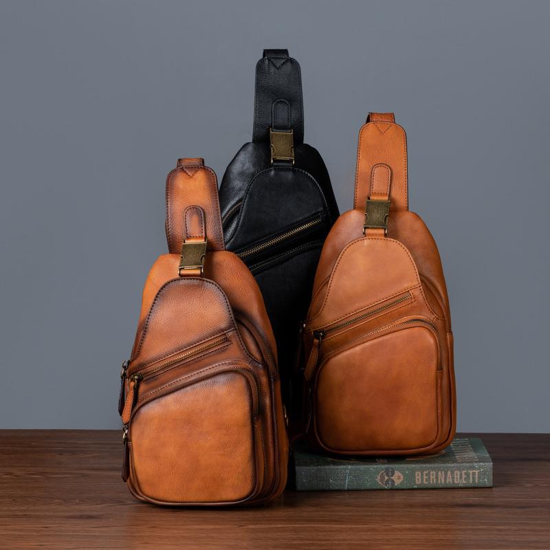 Top Layer Tree High Vegetable Tanned Cowhide Handbag, Vintage Men's Chest Bag