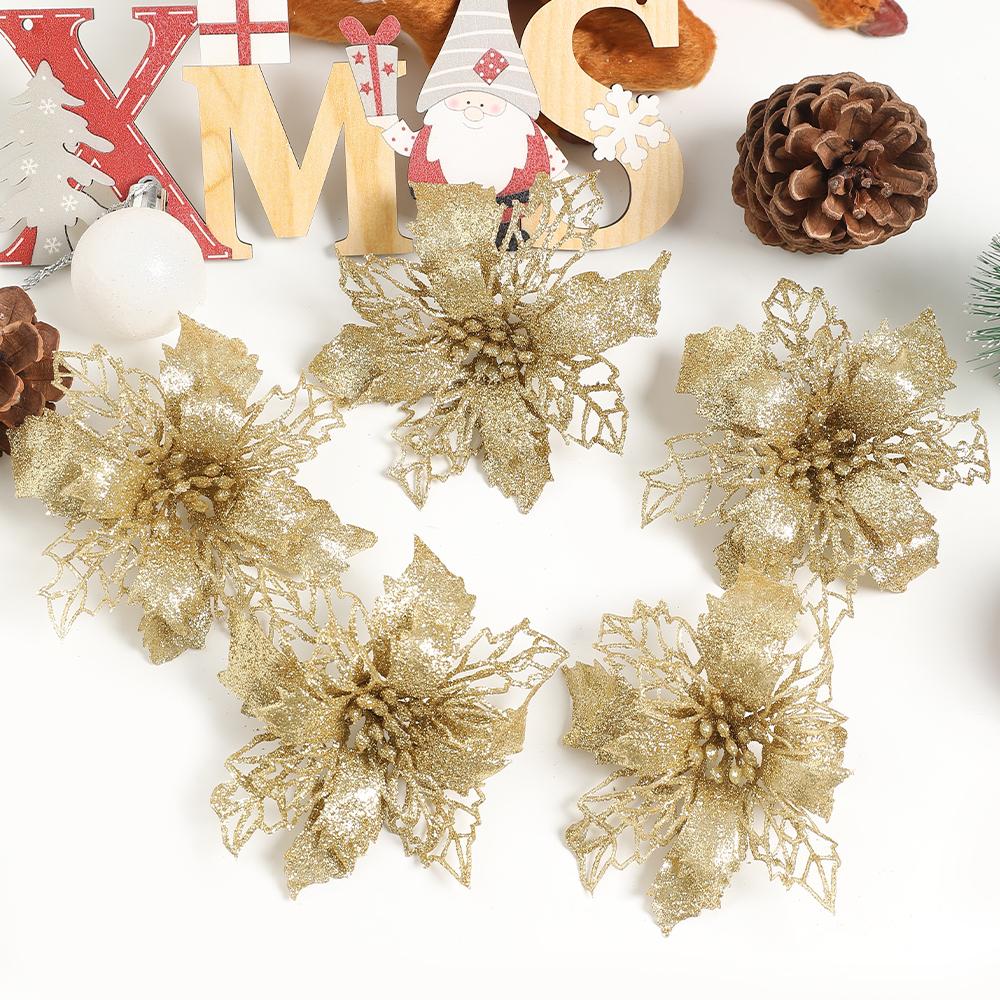5/10Pcs Glitter Christmas Decorations Artifical Flowers Xmas Tree Garland Fake Flowers for Home Decor Navidad New Year Accessory