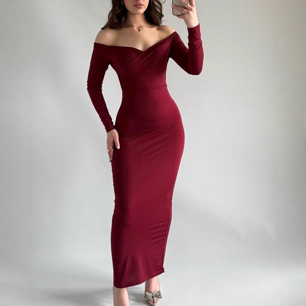 

Платье бодикон с открытыми плечами, V-образным вырезом и длинными рукавами, стройнящее L красный