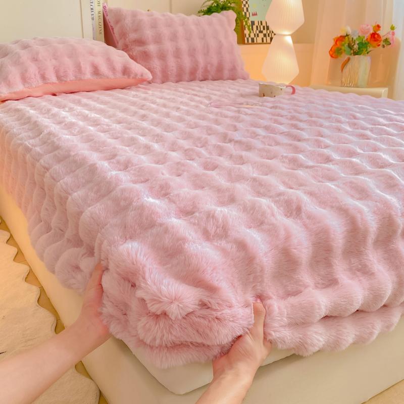 Winter Bed Sheets for Winter Rabbit Fleece Solid Color Fitted Bed Sheet Fluffy Plush Bed Cover Warm Mattress Protector Bed