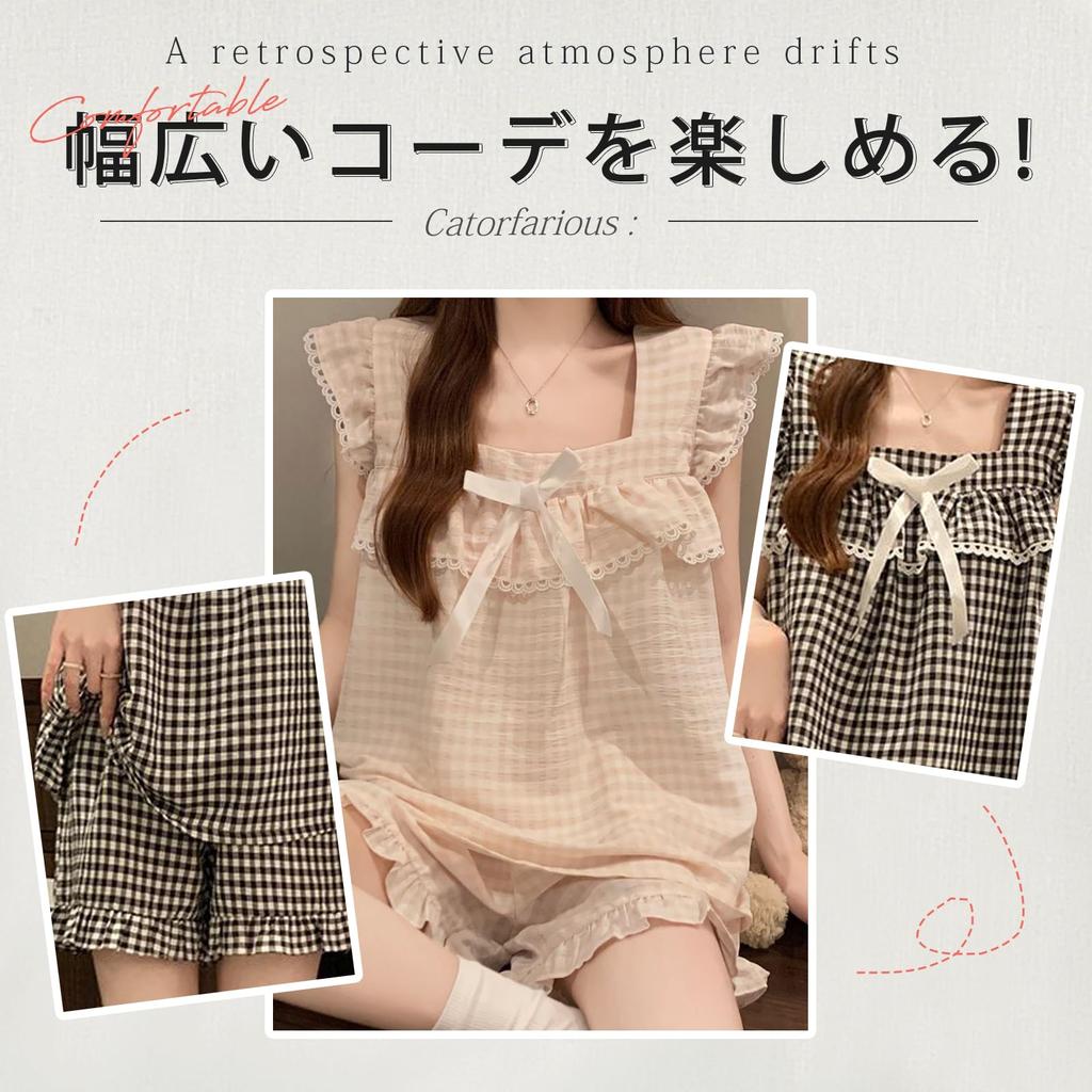 Catorfarious Sleeveless Top and Bottom Set with Sleeveless Loungewear with Square and Set for Spring and Summer Women's Pajamas, Thin, Cups, Shorts,