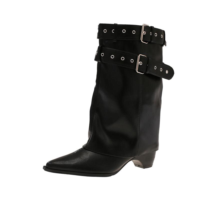 

Sleeve Boots Autumn New Pointed Toe Cow Suede Stud Metal Buckle Soft Slip Mid-Tube Boots 41