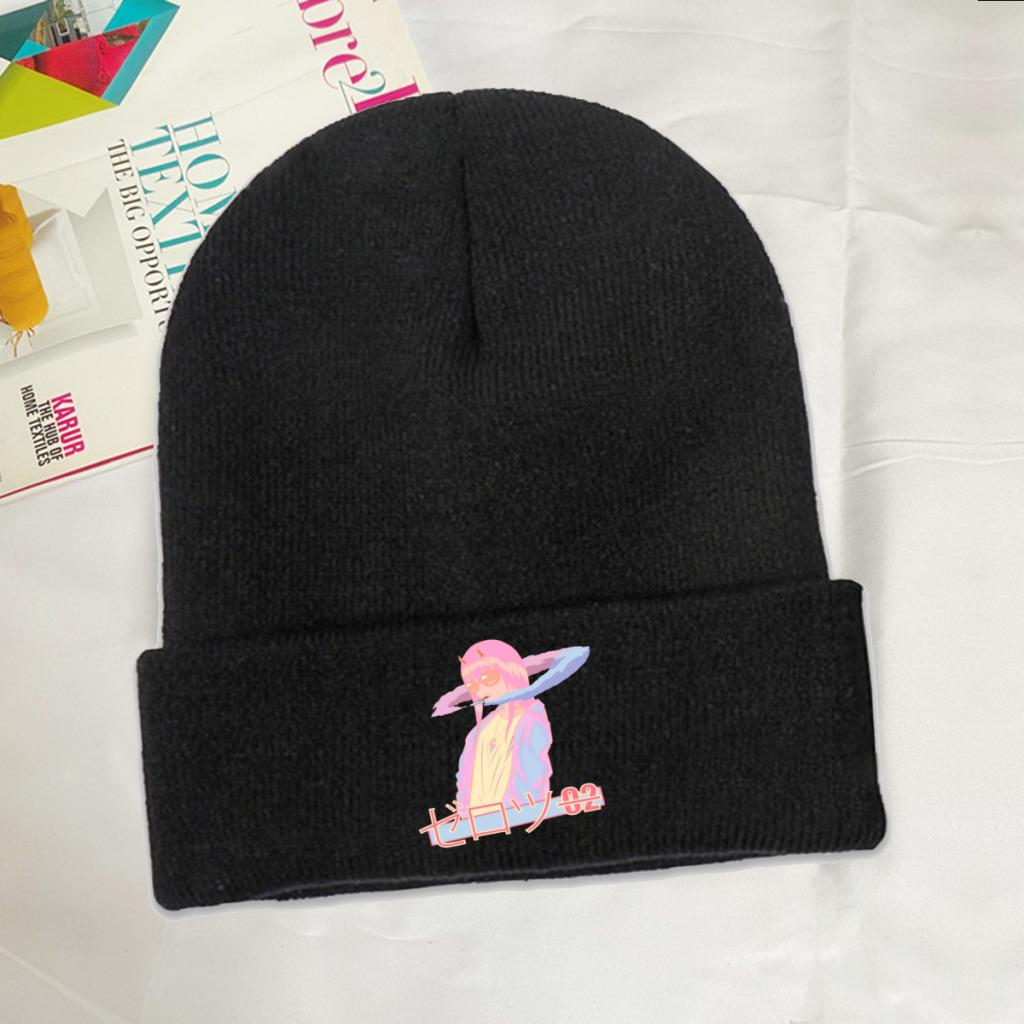 Darling In the Franxx Zero Two Blazed Vaporwave Anime Knitted Hat Women's Unisex's Beanies Autumn Winter Hat Polyester  Warm Cap