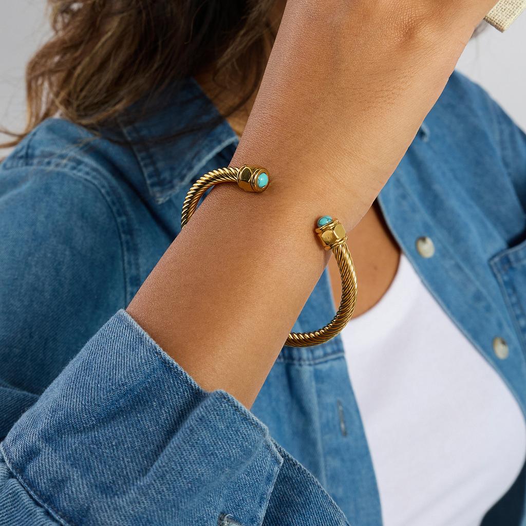 Yori Natural Stone Blue Turquoise Stainless Steel Ribbed Bracelet 18K Gold Plated Gift 2025 Gold PVD Plated Jewelry