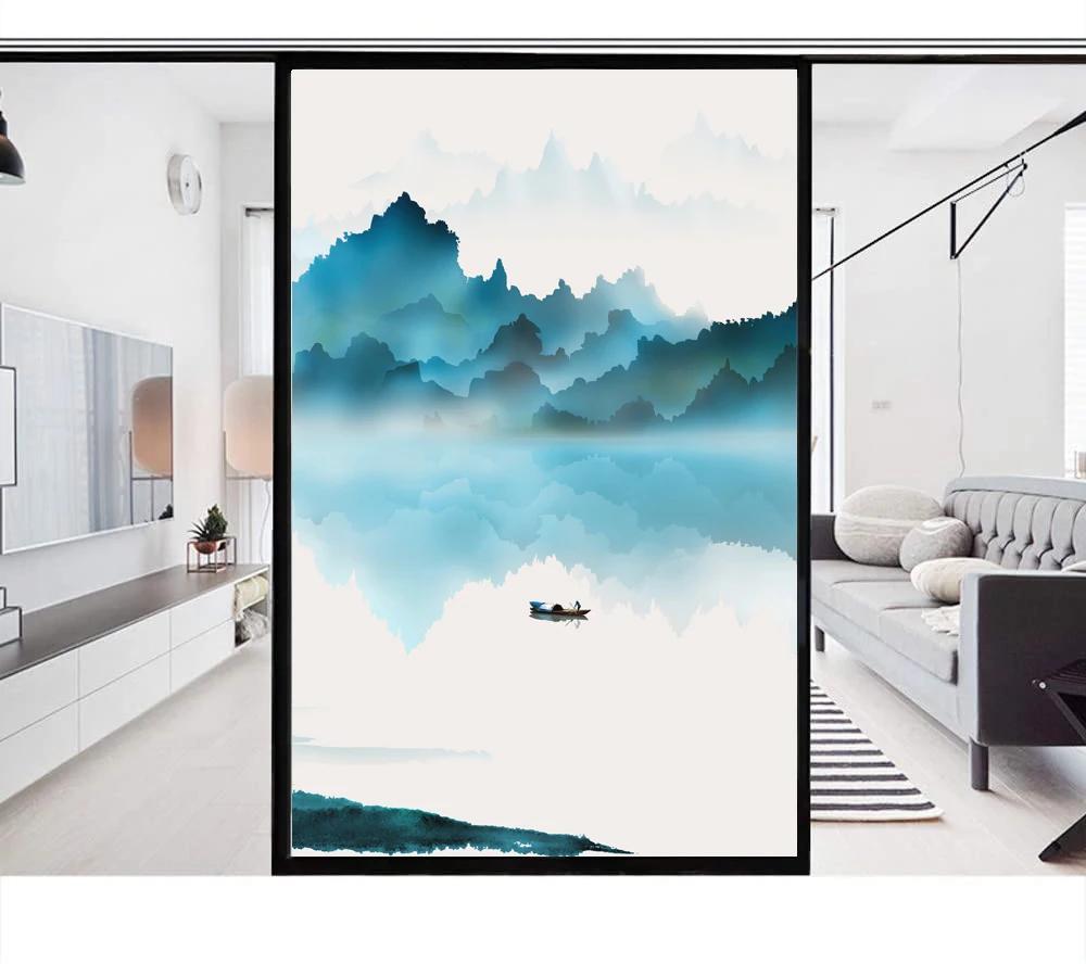 

Privacy Windows Film Decorative Landscape Ink Painting Stained Glass Window Stickers No Glue Static Cling Window Tint (as the picture,40x60cm WxH)