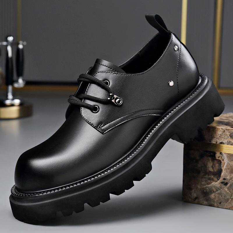 Black Increase British Style Big Head Derby Shoes Men Spring 2026 Business Formal Wedding Groom's Casual Cow Leather Shoes Man