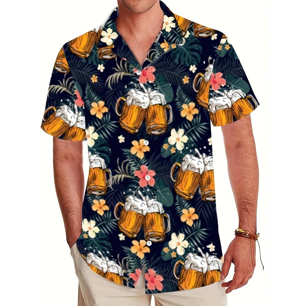 Men s Beer & Leaves 3D Print Shirt Short Sleeve Button-Up Lapel Collar Top Summer Holiday Beachwear S
